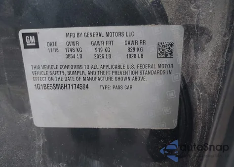 2017 Chevrolet Cruze Lt Auto из США, поврежденный, VIN 1G1BE5SM8H7174594